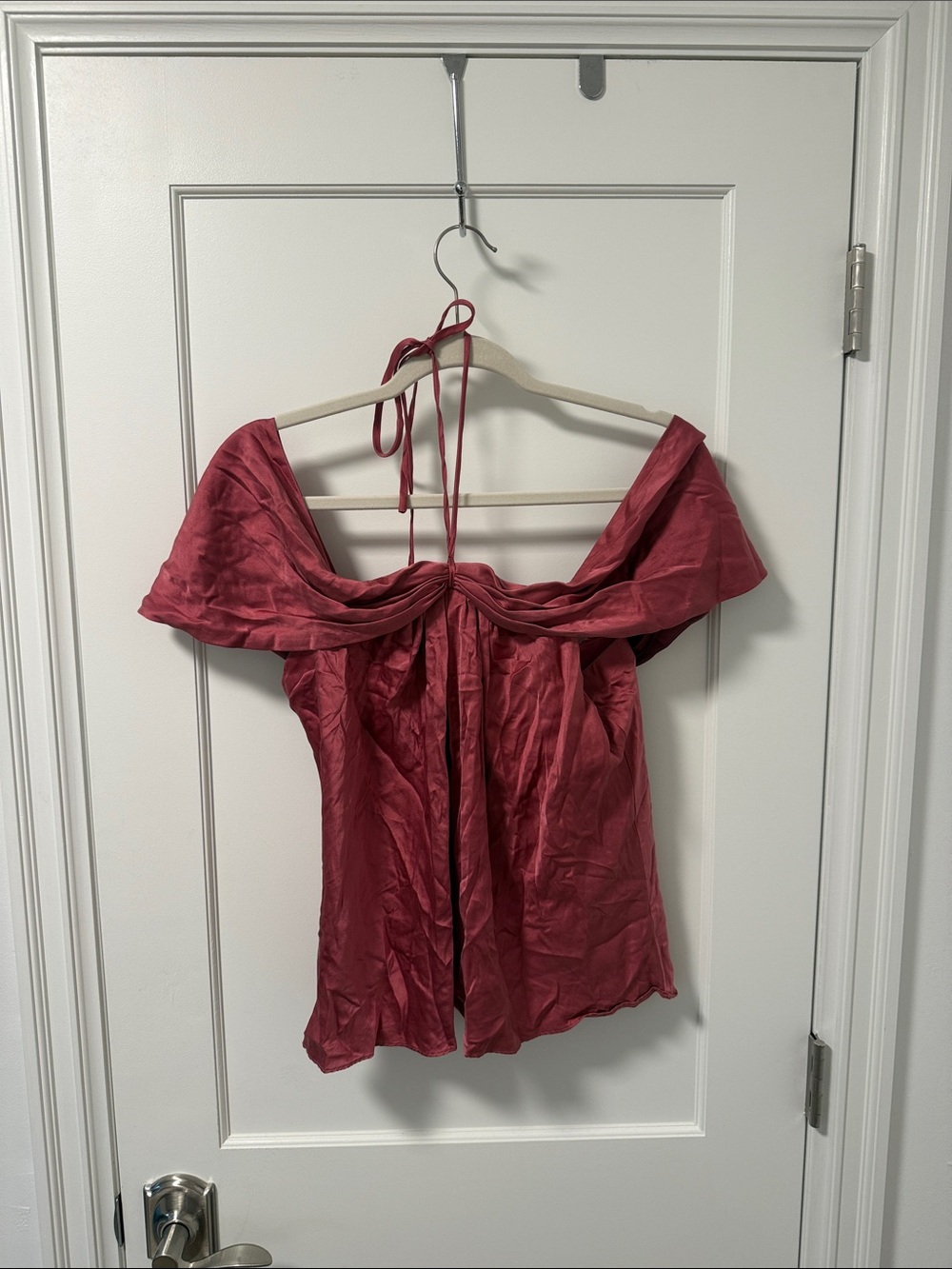 Reformation Off-Shoulder Satin Camisole in Deep Rose